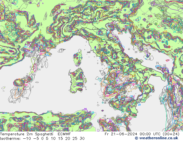 Temperature 2m Spaghetti ECMWF Fr 21.06.2024 00 UTC