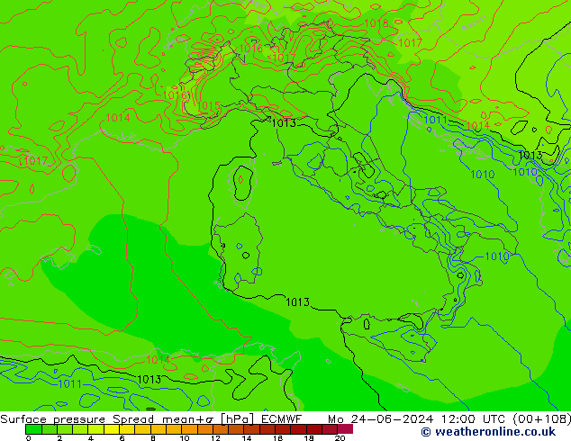 Presión superficial Spread ECMWF lun 24.06.2024 12 UTC