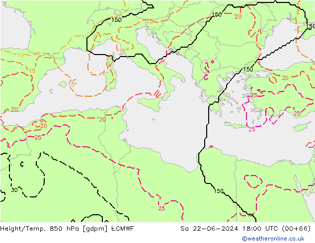 Height/Temp. 850 hPa ECMWF Sa 22.06.2024 18 UTC