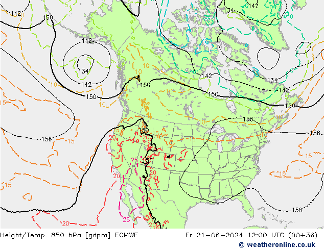 Hoogte/Temp. 850 hPa ECMWF vr 21.06.2024 12 UTC