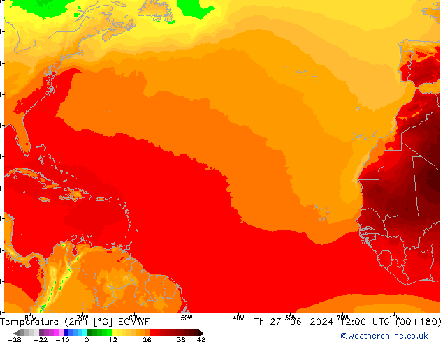 Temperature (2m) ECMWF Th 27.06.2024 12 UTC