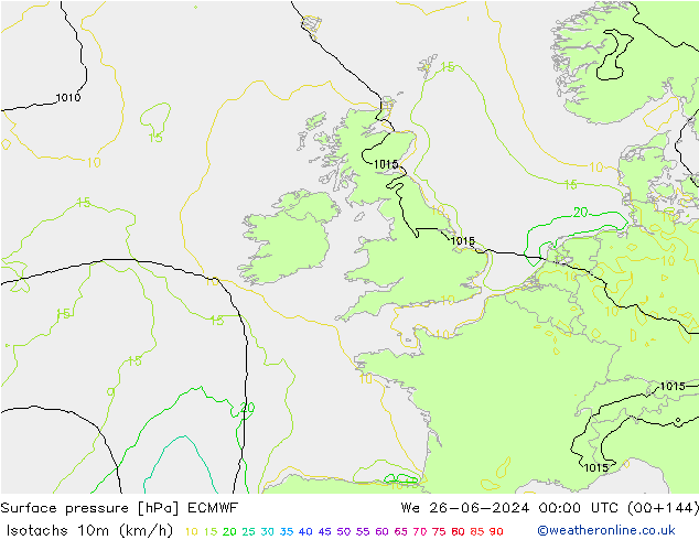 Isotachs (kph) ECMWF  26.06.2024 00 UTC