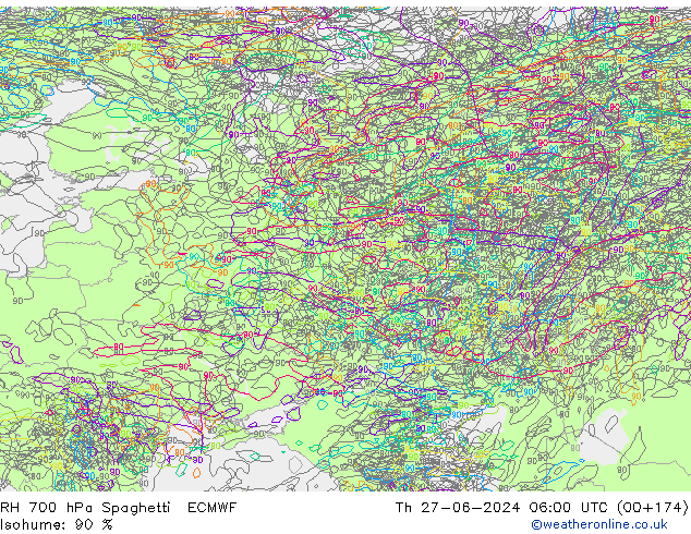RH 700 hPa Spaghetti ECMWF czw. 27.06.2024 06 UTC