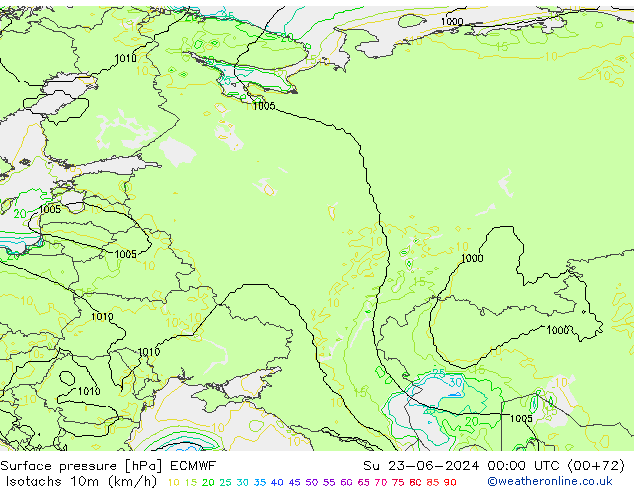 Isotachs (kph) ECMWF dim 23.06.2024 00 UTC