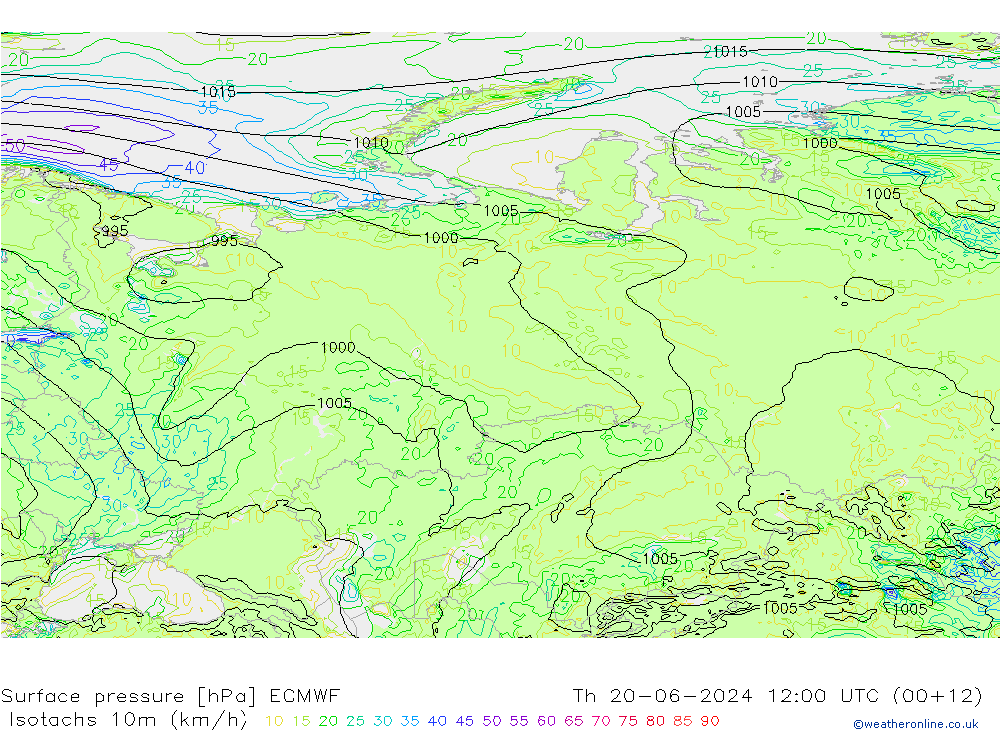 Izotacha (km/godz) ECMWF czw. 20.06.2024 12 UTC