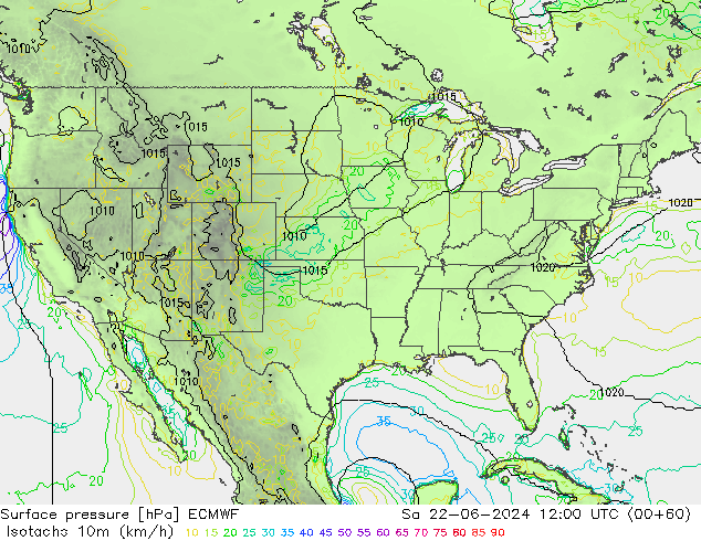 Isotachs (kph) ECMWF Sa 22.06.2024 12 UTC