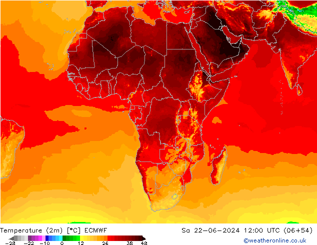 Temperature (2m) ECMWF Sa 22.06.2024 12 UTC