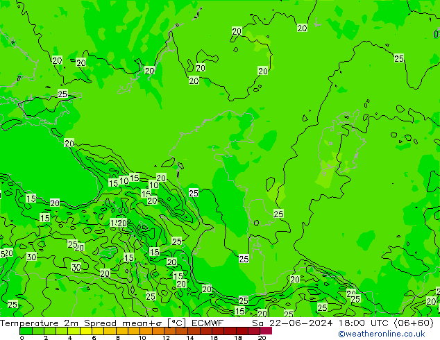 карта температуры Spread ECMWF сб 22.06.2024 18 UTC