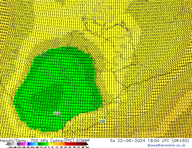 Height/Temp. 700 hPa ECMWF sab 22.06.2024 18 UTC