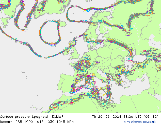 地面气压 Spaghetti ECMWF 星期四 20.06.2024 18 UTC
