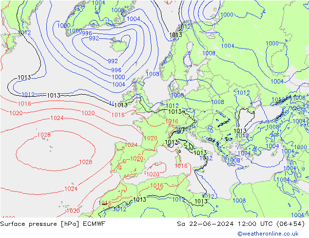 Presión superficial ECMWF sáb 22.06.2024 12 UTC