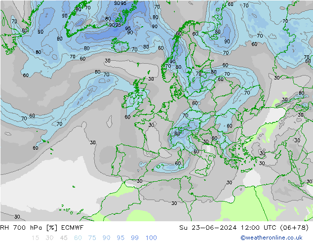 Humidité rel. 700 hPa ECMWF dim 23.06.2024 12 UTC