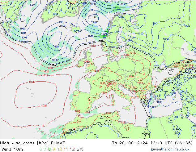 High wind areas ECMWF jue 20.06.2024 12 UTC