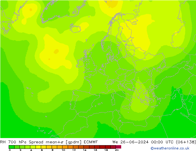 Humidité rel. 700 hPa Spread ECMWF mer 26.06.2024 00 UTC
