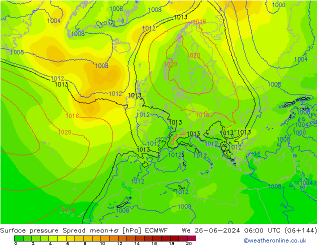 Luchtdruk op zeeniveau Spread ECMWF wo 26.06.2024 06 UTC