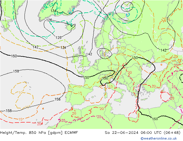 Height/Temp. 850 hPa ECMWF Sa 22.06.2024 06 UTC