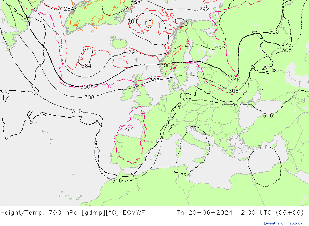 Geop./Temp. 700 hPa ECMWF jue 20.06.2024 12 UTC