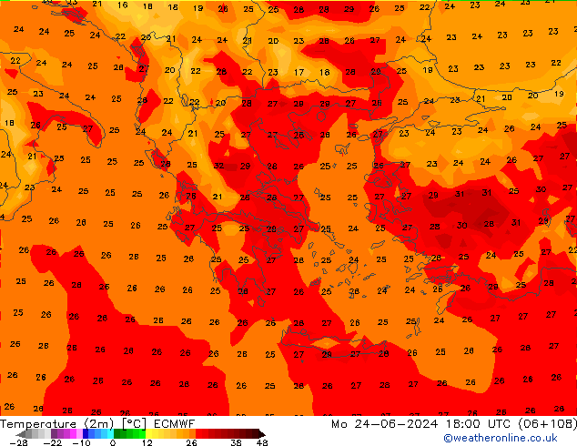 Temperature (2m) ECMWF Po 24.06.2024 18 UTC