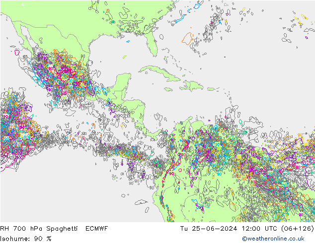 RH 700 hPa Spaghetti ECMWF wto. 25.06.2024 12 UTC