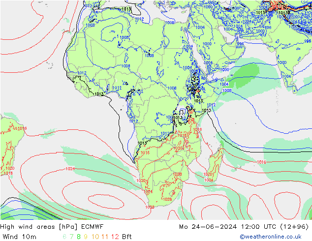 High wind areas ECMWF Mo 24.06.2024 12 UTC
