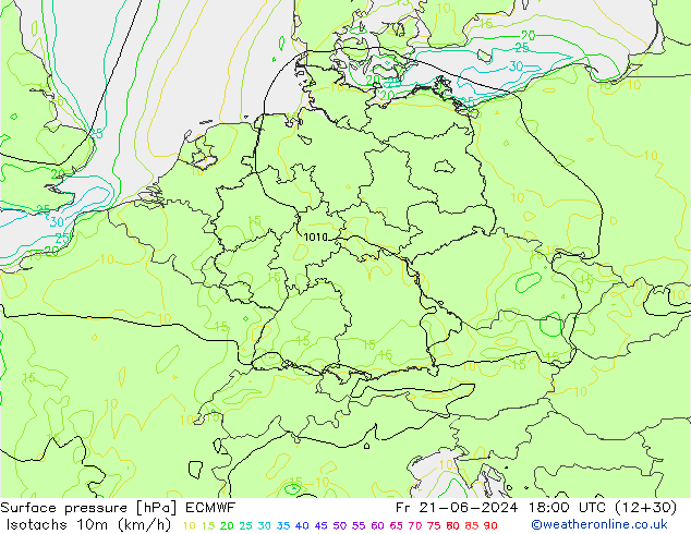 Isotachen (km/h) ECMWF Fr 21.06.2024 18 UTC