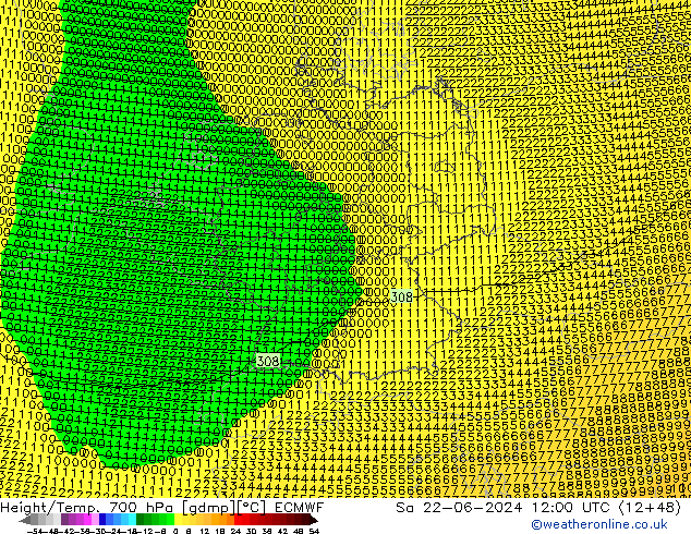 Height/Temp. 700 hPa ECMWF Sa 22.06.2024 12 UTC