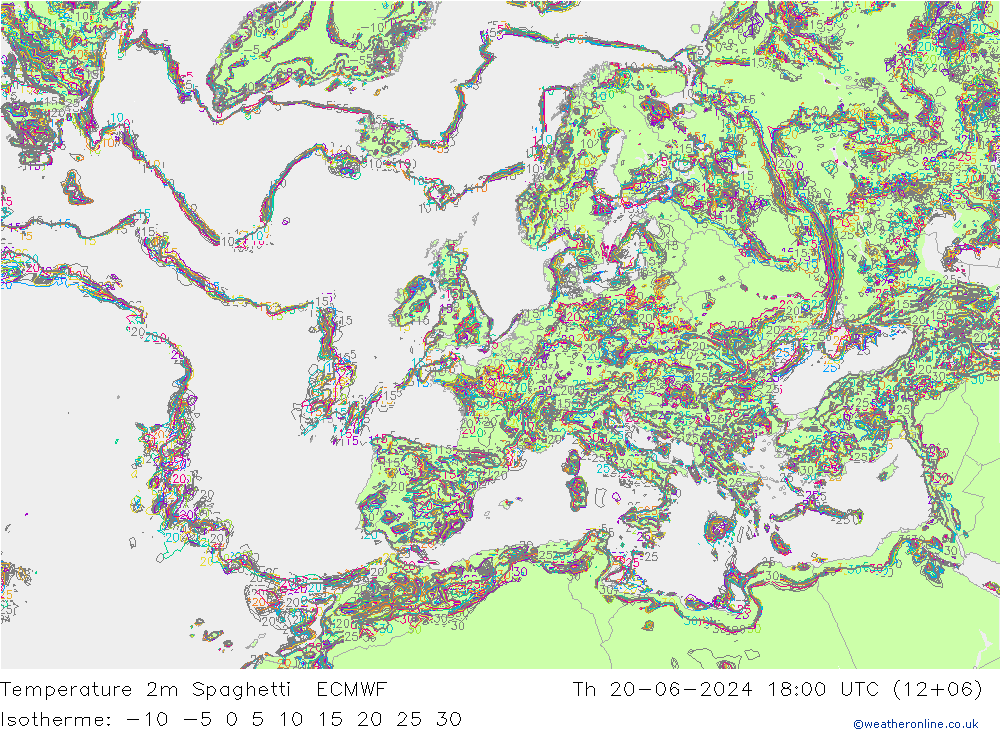 Temperatura 2m Spaghetti ECMWF jue 20.06.2024 18 UTC