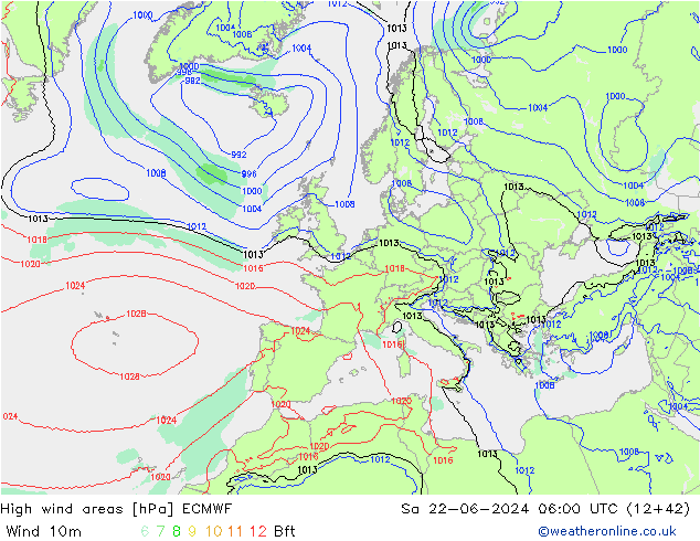 High wind areas ECMWF So 22.06.2024 06 UTC