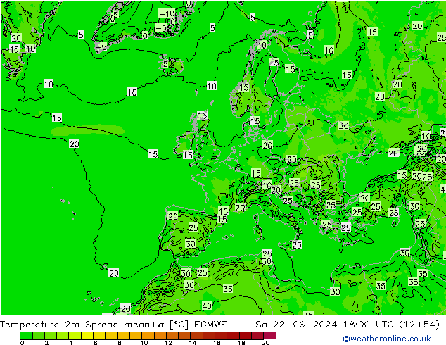 Temperatura 2m Spread ECMWF Sáb 22.06.2024 18 UTC