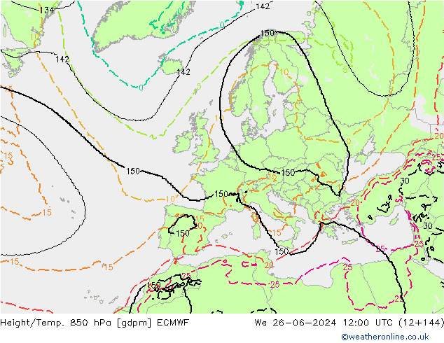 Yükseklik/Sıc. 850 hPa ECMWF Çar 26.06.2024 12 UTC