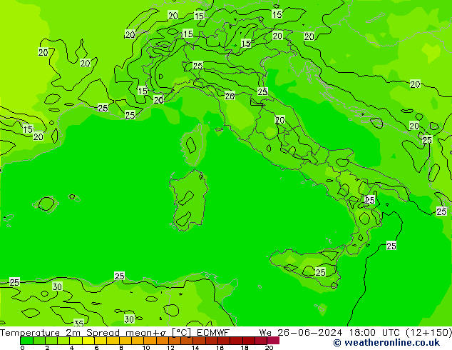 Temperatura 2m Spread ECMWF mer 26.06.2024 18 UTC