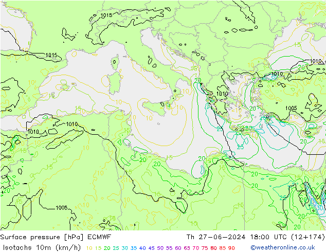 Isotachen (km/h) ECMWF do 27.06.2024 18 UTC