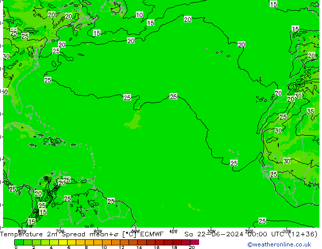 Temperature 2m Spread ECMWF Sa 22.06.2024 00 UTC