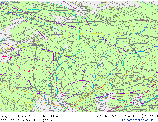 Height 500 hPa Spaghetti ECMWF so. 29.06.2024 00 UTC