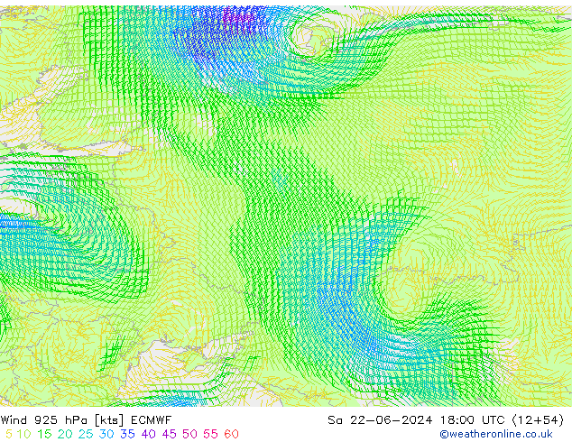 wiatr 925 hPa ECMWF so. 22.06.2024 18 UTC