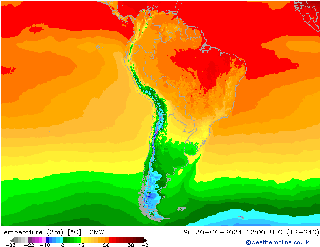 Temperature (2m) ECMWF Su 30.06.2024 12 UTC