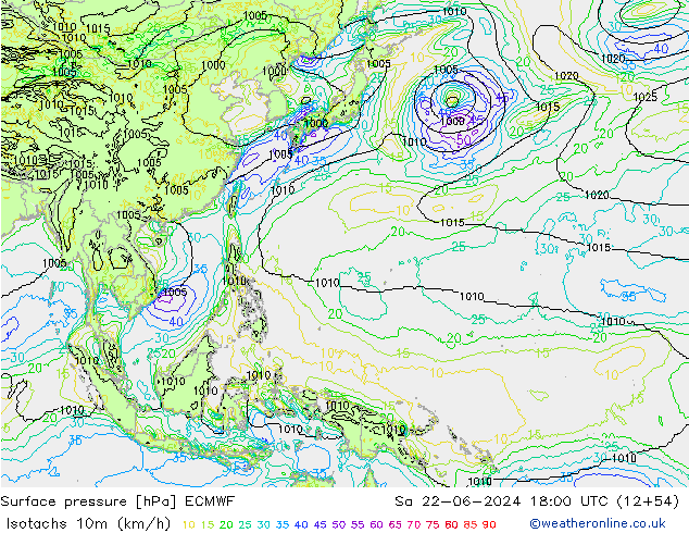 Isotachs (kph) ECMWF Sa 22.06.2024 18 UTC