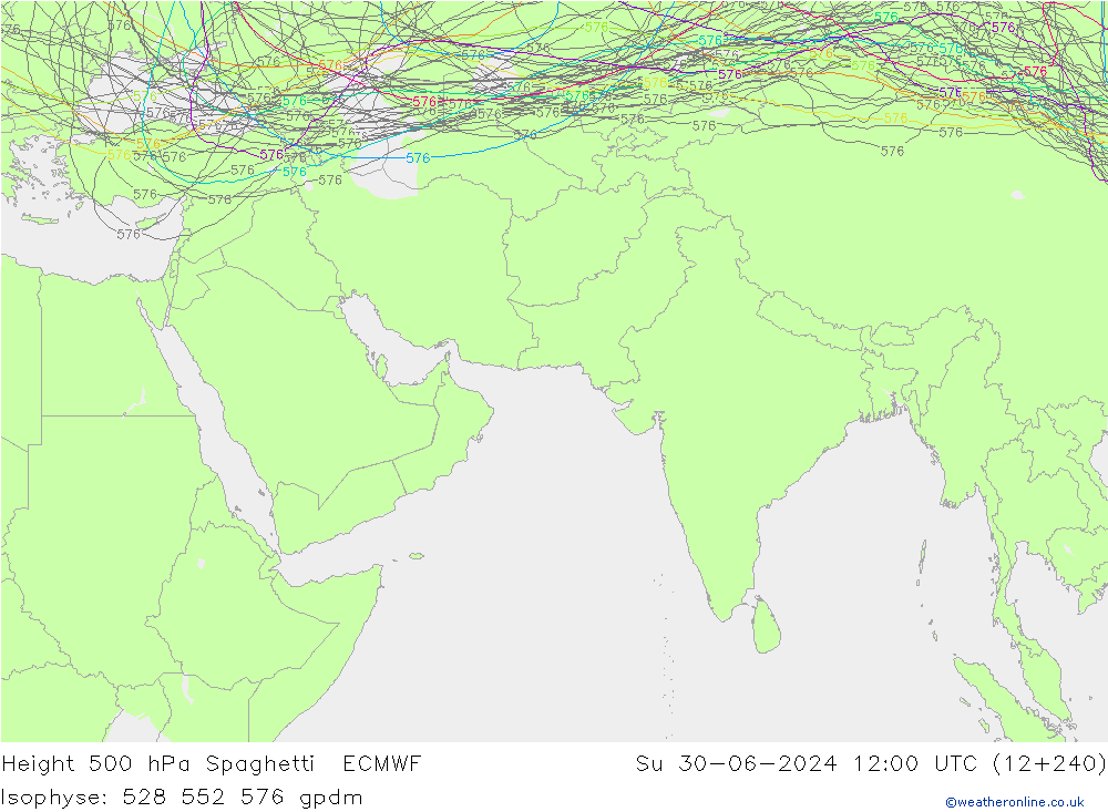 Height 500 hPa Spaghetti ECMWF  30.06.2024 12 UTC