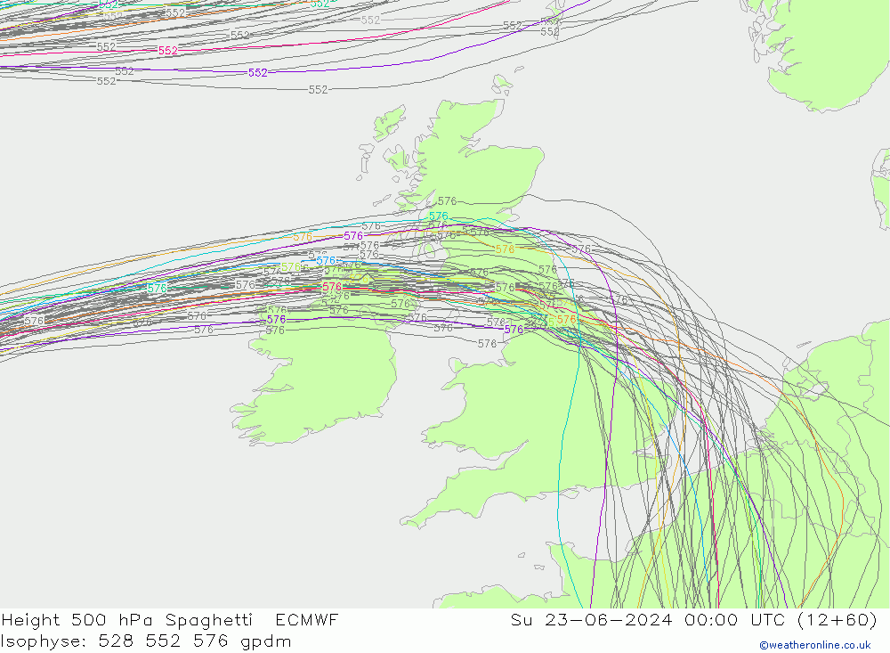 Height 500 гПа Spaghetti ECMWF Вс 23.06.2024 00 UTC