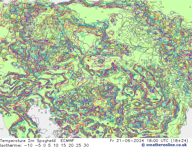 Temperature 2m Spaghetti ECMWF Fr 21.06.2024 18 UTC