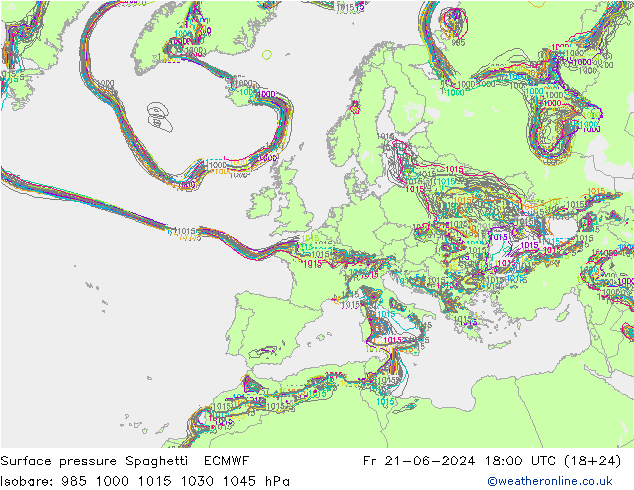 Surface pressure Spaghetti ECMWF Fr 21.06.2024 18 UTC