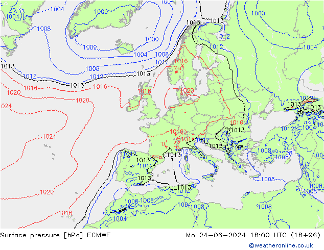Presión superficial ECMWF lun 24.06.2024 18 UTC