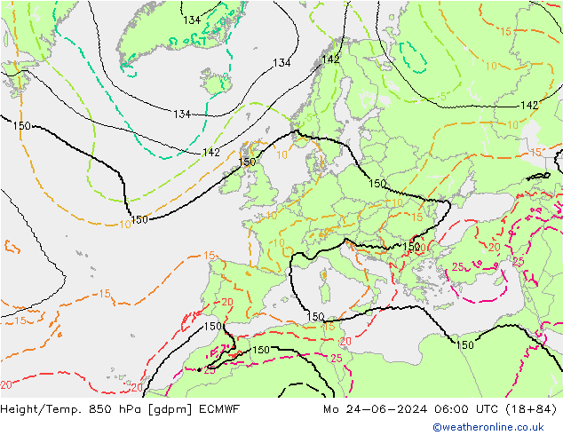 Height/Temp. 850 hPa ECMWF pon. 24.06.2024 06 UTC