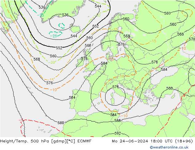 Yükseklik/Sıc. 500 hPa ECMWF Pzt 24.06.2024 18 UTC