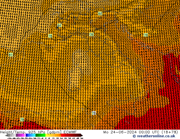 Height/Temp. 925 hPa ECMWF pon. 24.06.2024 00 UTC