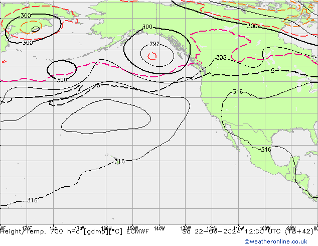 Height/Temp. 700 hPa ECMWF so. 22.06.2024 12 UTC