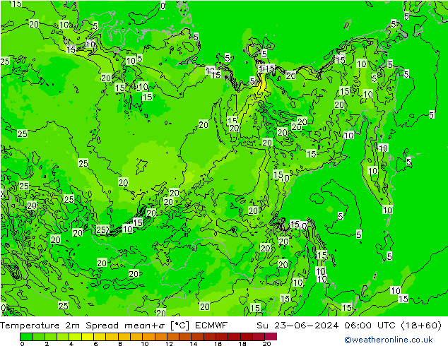 Sıcaklık Haritası 2m Spread ECMWF Paz 23.06.2024 06 UTC
