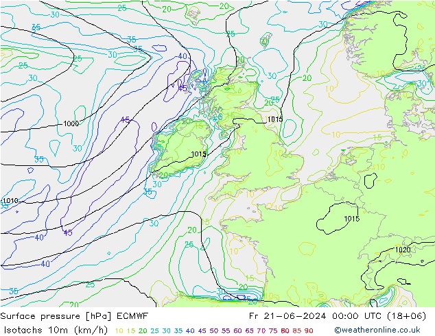 Eşrüzgar Hızları (km/sa) ECMWF Cu 21.06.2024 00 UTC