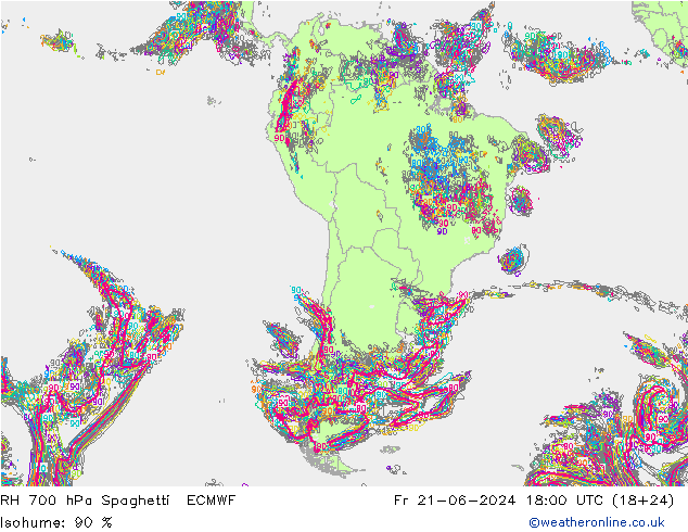 Humedad rel. 700hPa Spaghetti ECMWF vie 21.06.2024 18 UTC