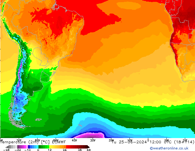 Temperature (2m) ECMWF Tu 25.06.2024 12 UTC